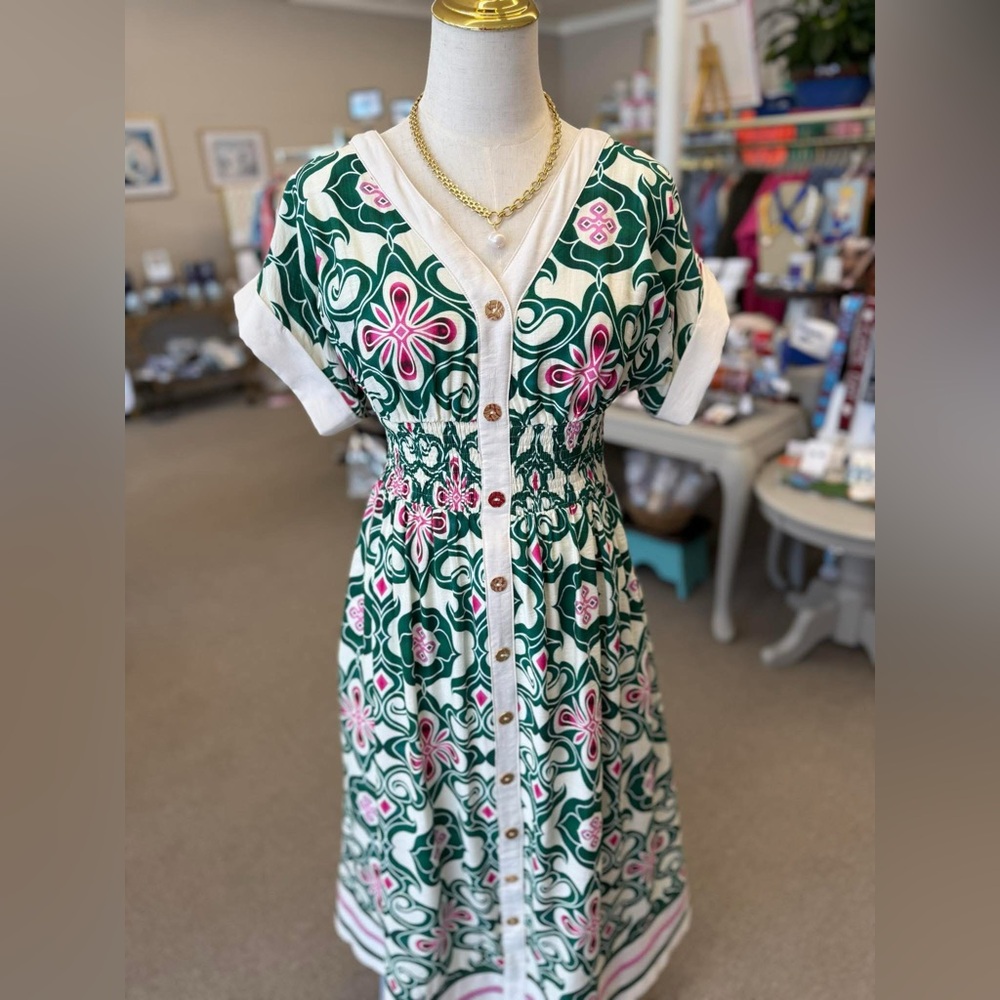 👒👒entro Green and Pink V-Neck Floral Print Dress